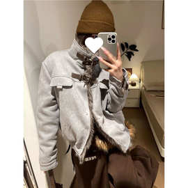 美式毛毛拼接立领加绒甜酷宽松休闲加厚叠穿秋冬款短外套情侣夹克