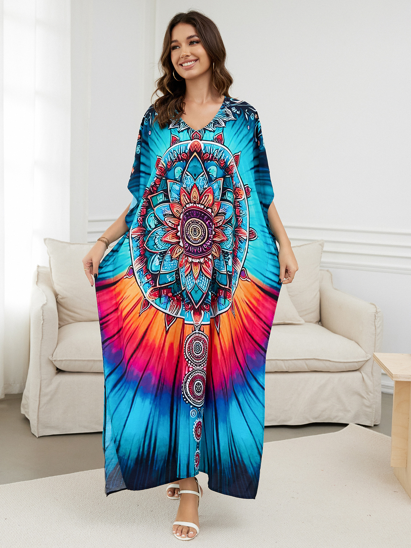 Rochie de plajă lungă kimono dama boho viscoză tie-dye_voghion.com
