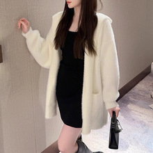 秋冬软糯仿水貂绒连帽针织开衫女式慵懒风宽松中长款加厚毛衣外套