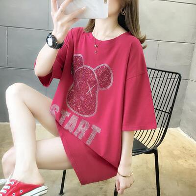 2021 Summer Photos~new pattern Korean Edition Easy Large Women's wear Mid length version Cartoon Hot stamping T-shirts Short sleeved