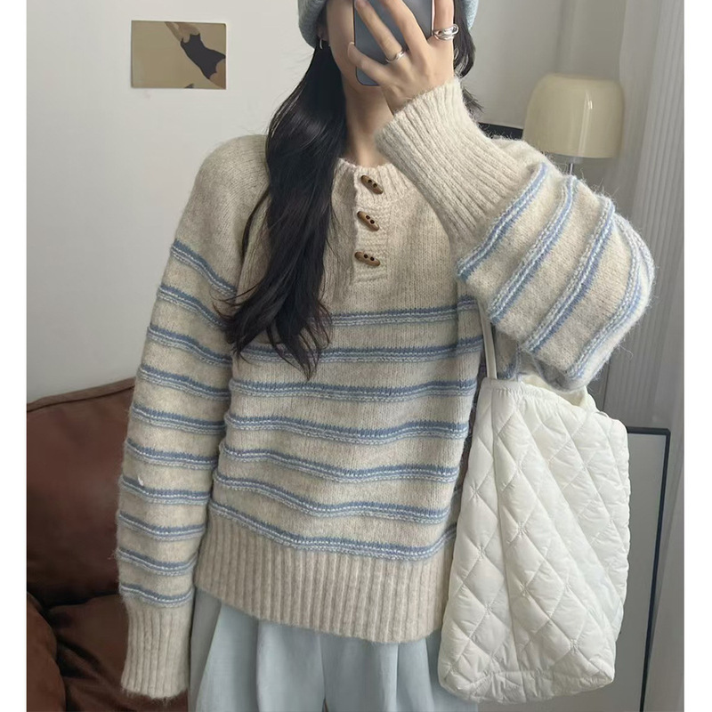 拼色条纹牛角扣套头毛衣女2025秋冬新款复古软糯宽松慵懒针织衫女|undefined