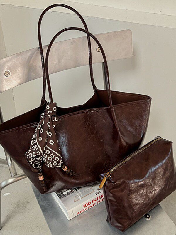 Túi tote nữ đeo vai thiết kế tối giản dáng shopping cỡ lớn — Cà phê màu lụa miễn phí khăn, Khăn lụa đen, Nâu lụa miễn phí khăn, Màu cà phê với khăn lụa