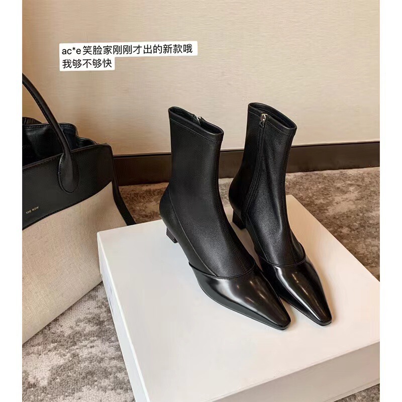 Grape Mom's Same Style Genuine Leather Ankle Boots, Retro Pointed Toe, Elastic Side Zipper, Stiletto Heel, Short Boots for Women, Elegant and Slimming Boots