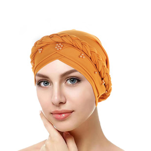 AliExpress new European and American spring and autumn Muslim toe cap milk silk color matching beaded braid headscarf cap