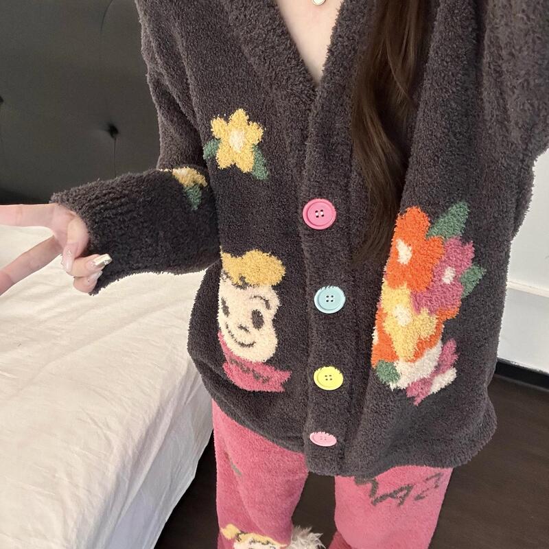 Half Velvet Cute Little Girl Cartoon Print Knitted Pajamas Women's Winter Velvet Thickened Long Sleeve Home Clothes Set Half Velvet Cute Little Girl Cartoon Print Knitted Pajamas Women's Winter Velvet Thickened Long Sleeve Home Clothes Set
