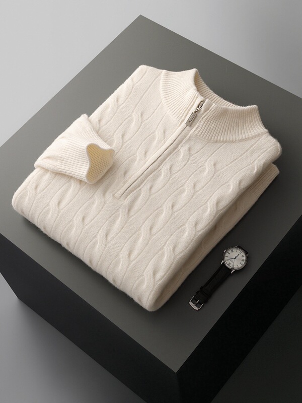 Men's Half Turtleneck 100% Pure Wool Sweater Zipper Jacquard Double-Strand Thickeneded Long-Sleeved Sweater Knitted Bottoming Sweater