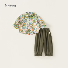 宥宝童装秋季新款儿童套装男童翻领衬衫花衬衣纯色直筒长裤两件套