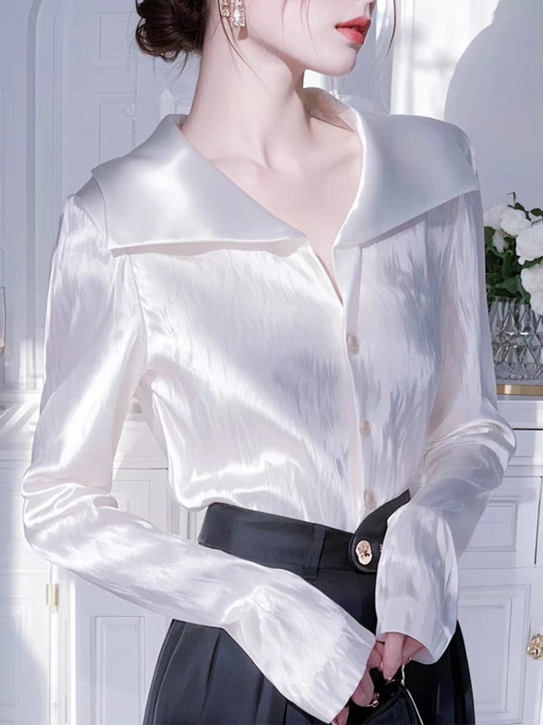 高级感白色长袖翻领缎面衬衫女2025早春新款独特别致法式职业衬衣|undefined