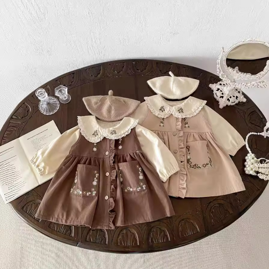 Girls Autumn 2024 New Two-piece Children's Fashion Ear Embroidered Mori Style Vest Dress Girls dress