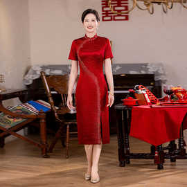 高端喜婆婆婚宴礼服秋款红色醋酸旗袍高贵洋气喜服妈妈婚礼敬酒服