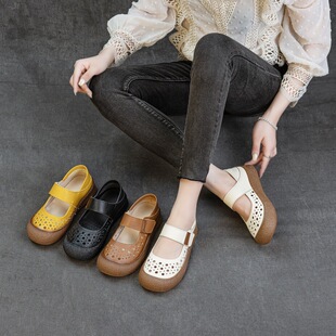 The first layer of leather vintage handmade artistic hollow women's sandals summer new flat loose soft and comfortable mother shoes