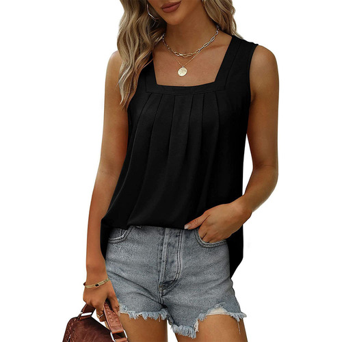 2024 Hot-selling Sleeveless Square-Neck Vest T-shirt for Women, Solid Color Pleated Fishtail Strappy Fashionable Bottoming Top