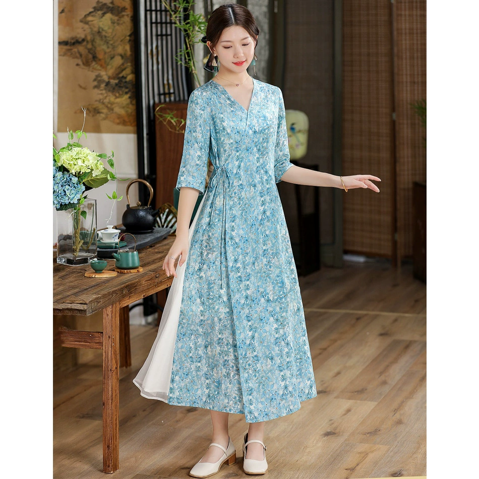 Новое Оригинальное женское длинное шелковое платье с принтом Tencel Ramie, легкое китайское художественное женское платье