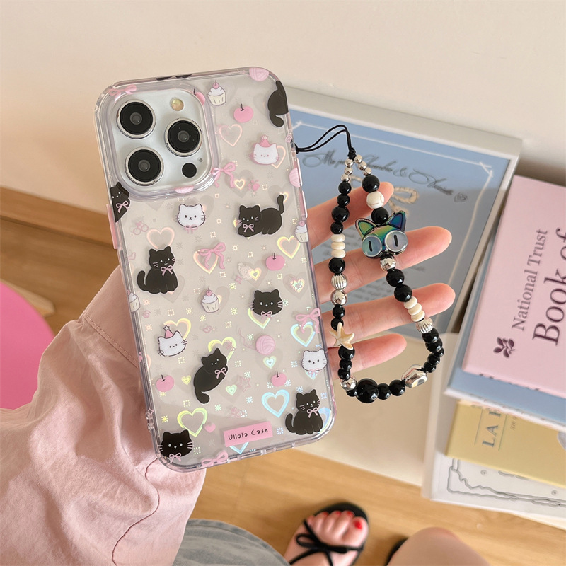 Ins viento láser amor lindo pequeño gato negro adecuado 16ProMax pulsera iphone15 funda para teléfono móvil Apple 14P