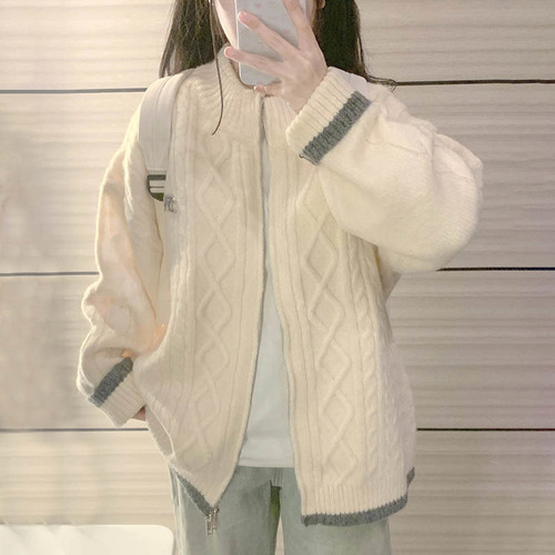 Sweet, soft, and cozy color-blocked zipper cardigan for women, student spring season loose fit versatile outerwear