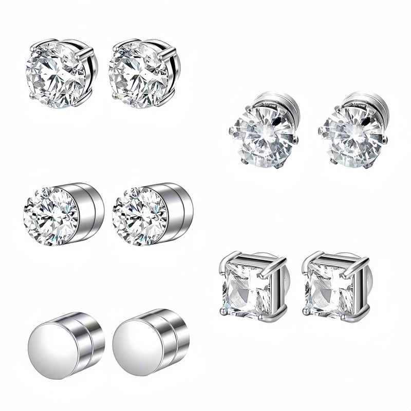 Cross-Border Stainless Steel Round Square Non-Pierced Zircon Magnet Ear Clip Ear Bone Stud Earrings Set Factory Direct Sale