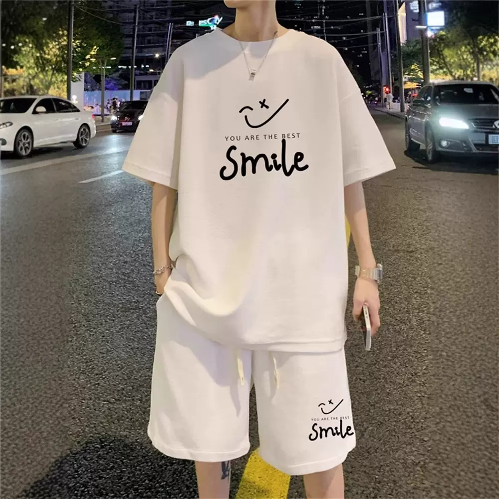华夫格休闲运动套装男士夏季宽松潮流青少年印花短袖短裤一套搭配