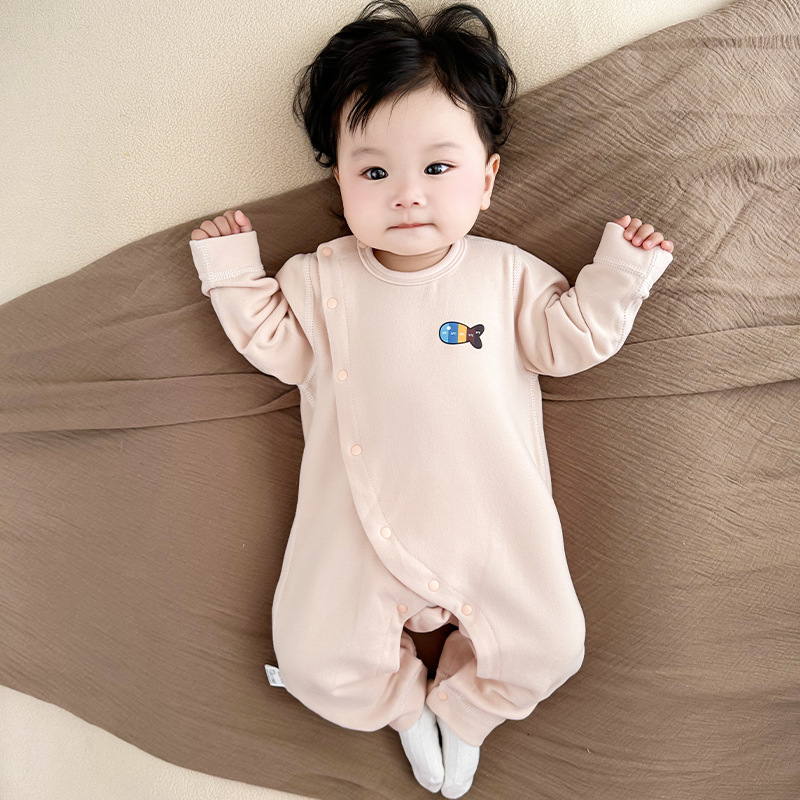 Silk Baby Jumpsuit Thickened Warm Diagonal Opening Baby Autumn and Winter Romper Children's Long-Sleeve Pajamas Base Layer Underwear