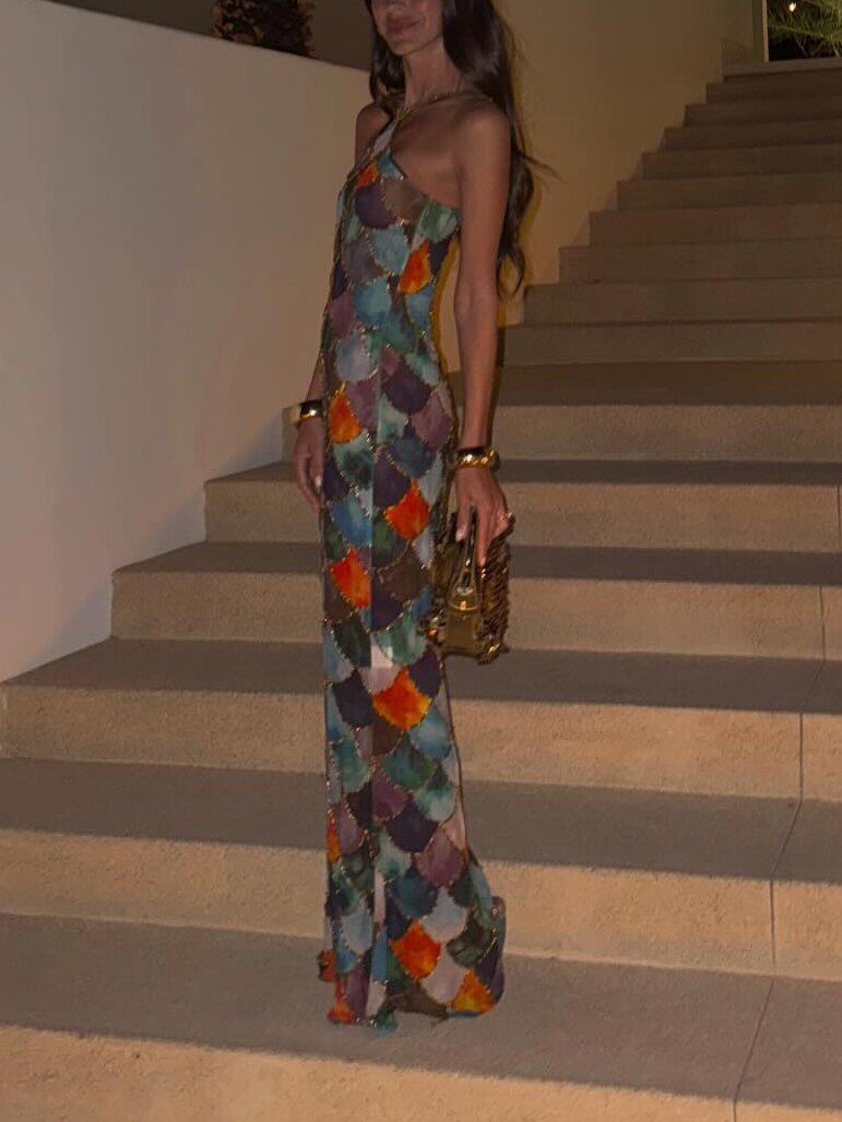 Women's Clothing Summer Women's Printed Dress Halter Neck Color Block Long Sleeveless Fashionable Elegant Sexy Women's Clothing_ecoleips.com