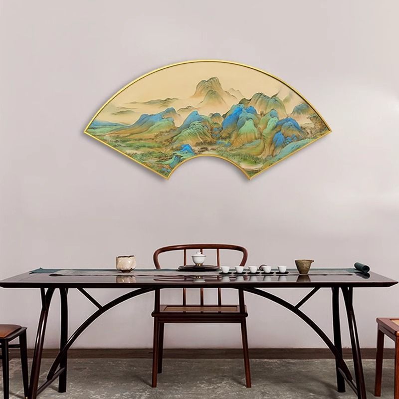 千里江山图扇形装饰画新中式玄关画客厅挂画沙发背景墙壁画王希孟
