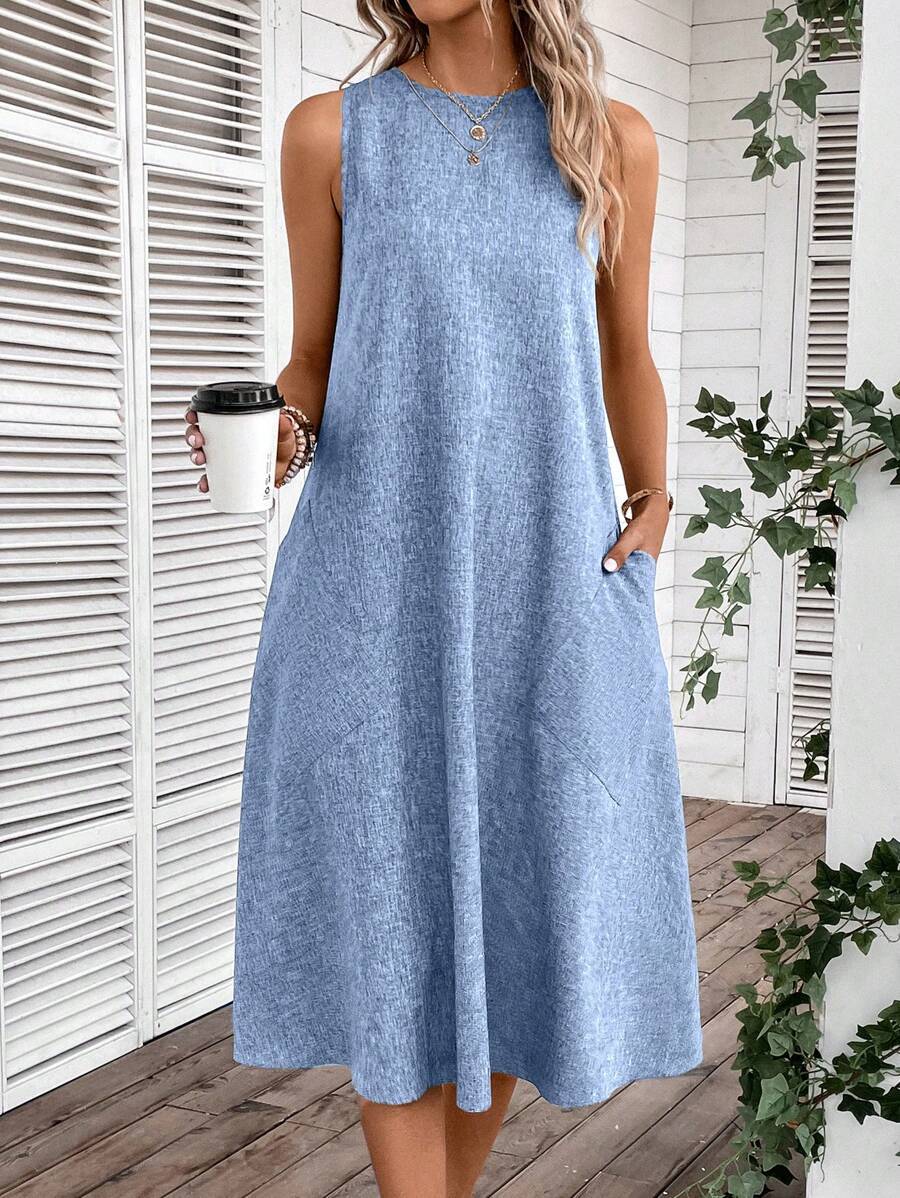 Women's Regular Dress Vintage Style Round Neck Pocket Sleeveless Solid Color Midi Dress Holiday Daily Date display picture 3