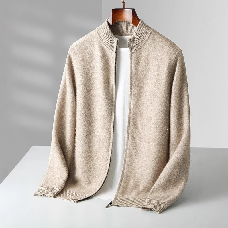 Autumn and Winter New Pure Wool Knitted Double-stranded Thickened Collar Cashmere Cardigan Men's All-match Long-sleeved Cashmere Jacket