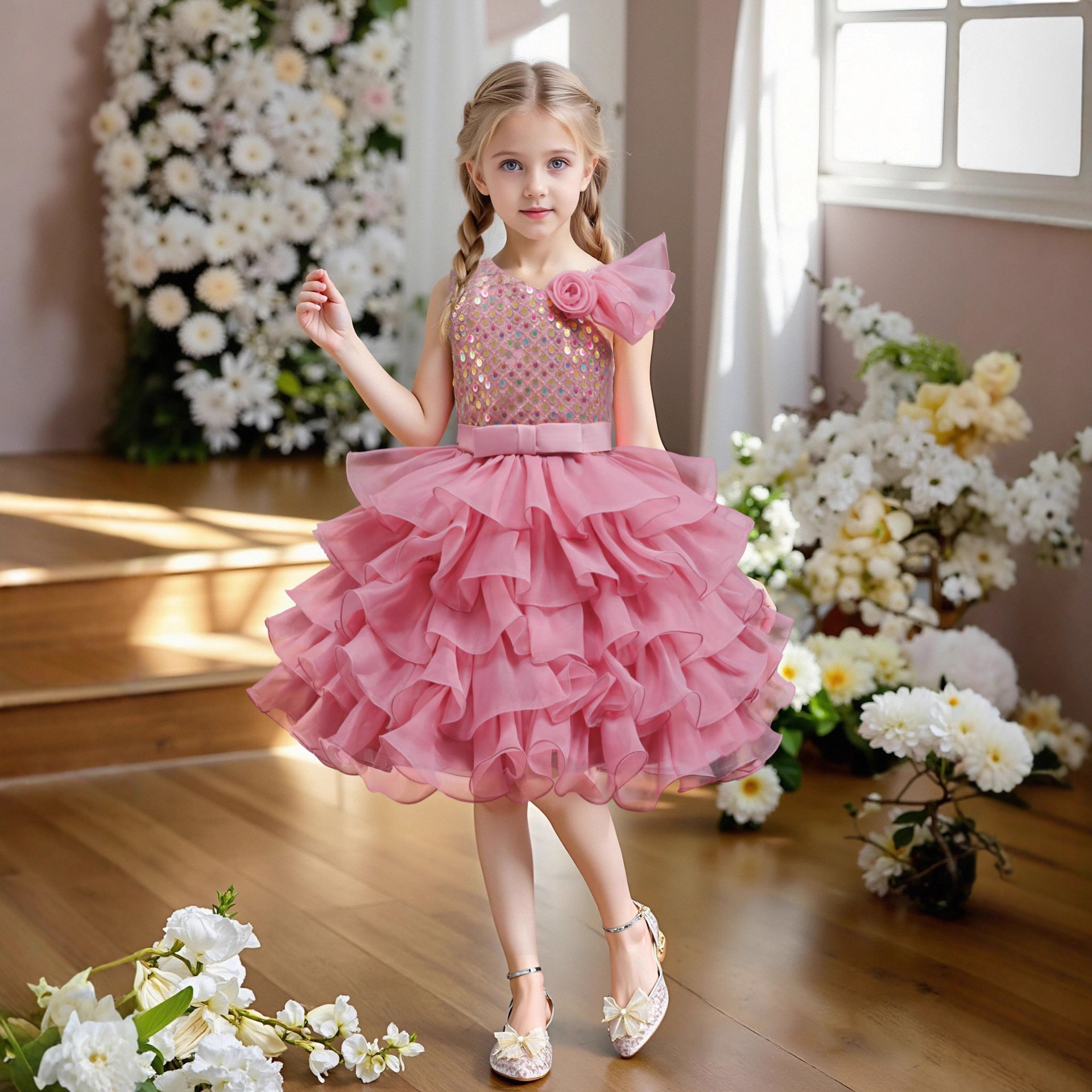 Nuevo vestido de aniversario de bebés de niñas de hombros inclinados para niños pequeños pastel de pompa corto vestido de espectáculo 390