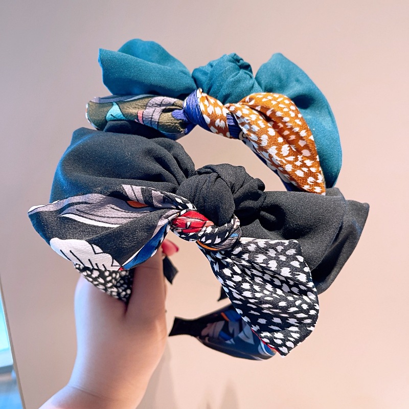 130g Weight Headwear Classification Travel, Festival Occasion Bow Knot Pattern Women'S Gender Retro Style Khaki, Green, Black Color Korean Style Printed Splicing Bows Headband Wholesale Nihaojewelry 2