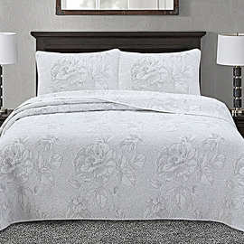 家纺厂家纯棉素色床盖欧式绣花床盖套装水洗绗缝被三件套床品批发