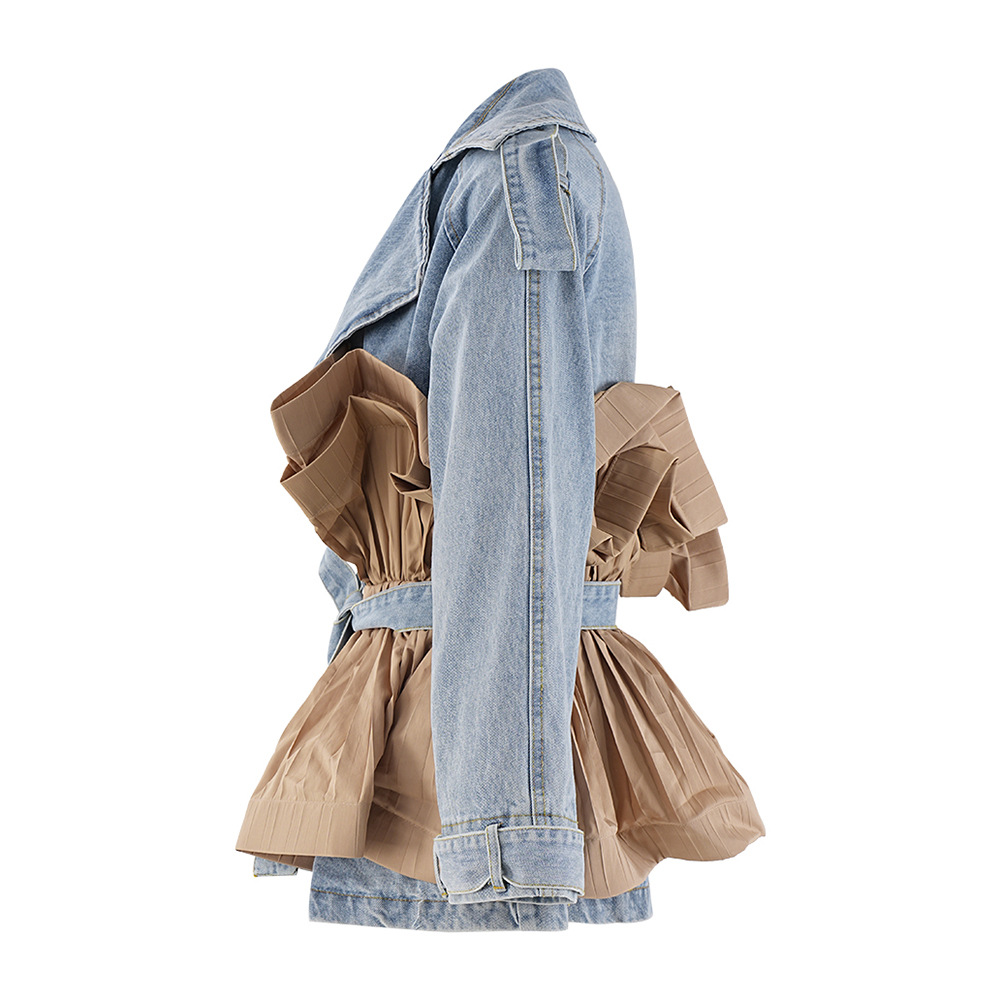 Women's Clothing design lapel denim jacket ruffled contrast color stitching personality lace up top_voghion.com