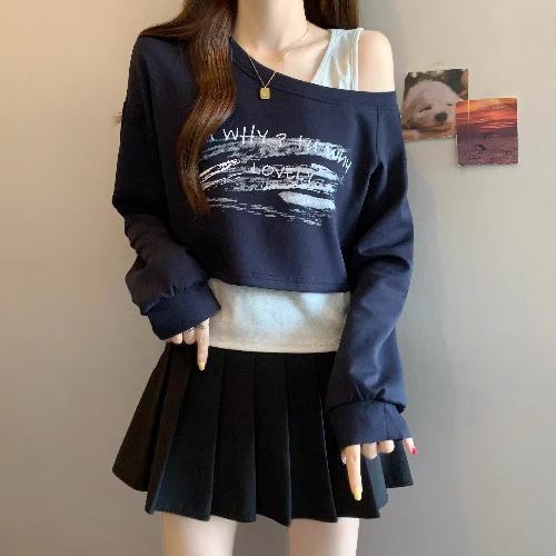 가을 겨울 여성용 오버사이즈 오프숄더 디자인 긴팔 티셔츠, 루즈하고 슬림한 조끼와 아우터 투피스 세트
