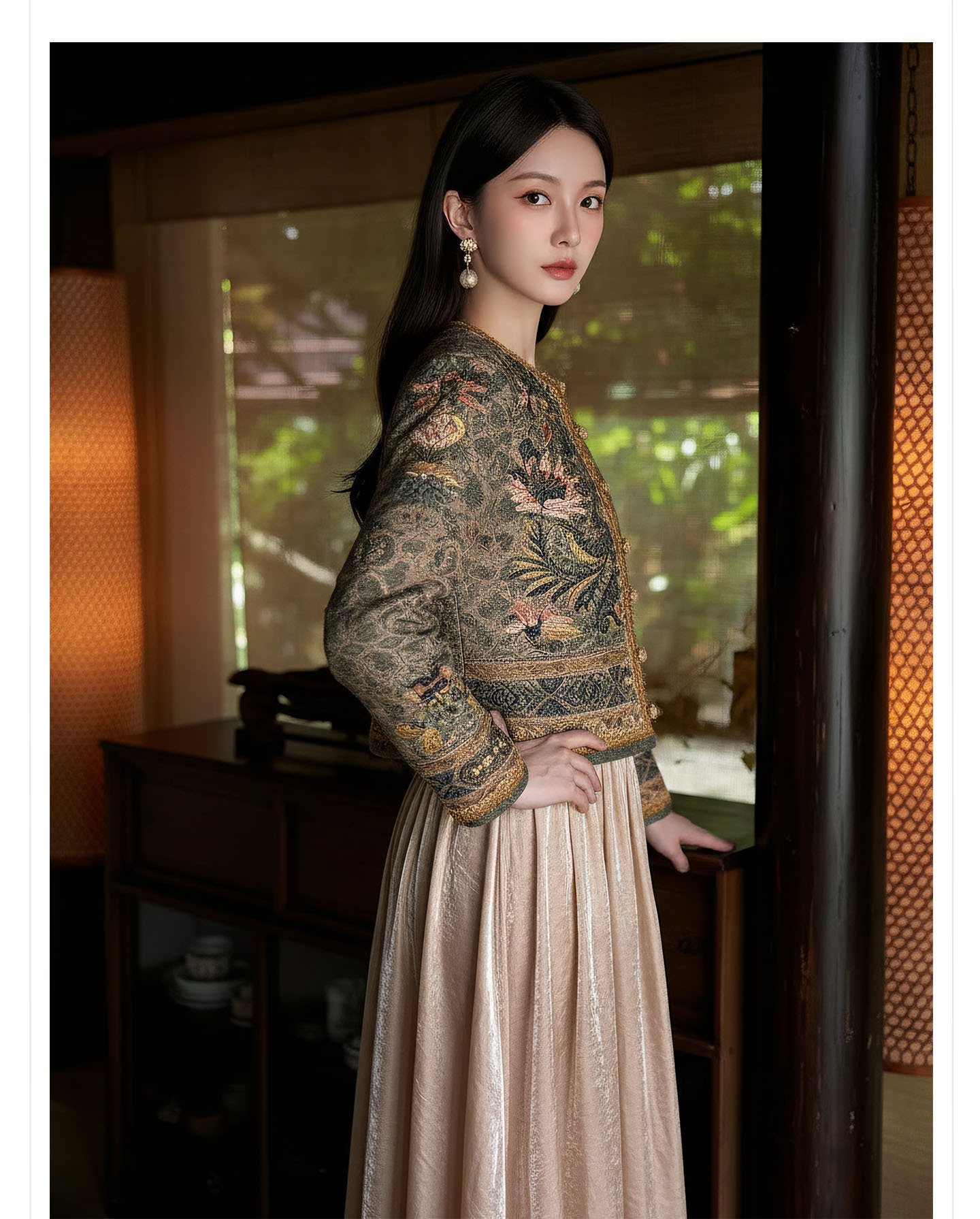Bộ váy áo khoác + đầm maxi thắt eo phong cách Tân Trung Hoa, họa tiết jacquard nổi bật — nửa váy, Trang chủ, áo khoác chi tiết 2
