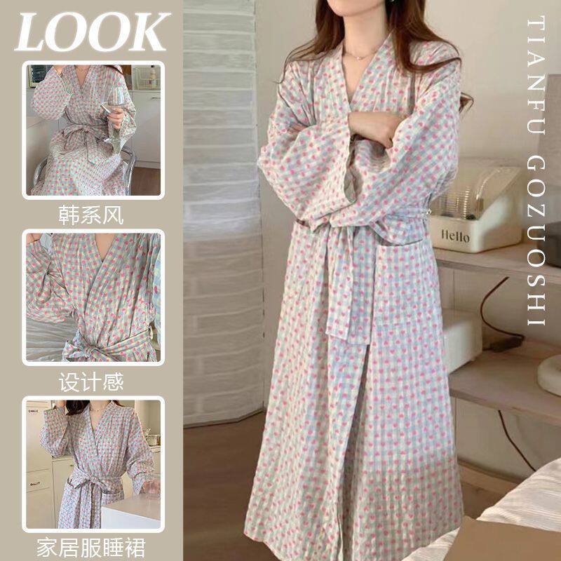 Japanese-Style Pajamas and Bathrobes for Women, New Autumn Sweet Heart-Shaped Plaid Loose Long-Sleeve Long Kimono Style Japanese-Style Pajamas and Bathrobes for Women, New Autumn Sweet Heart-Shaped Plaid Loose Long-Sleeve Long Kimono Style