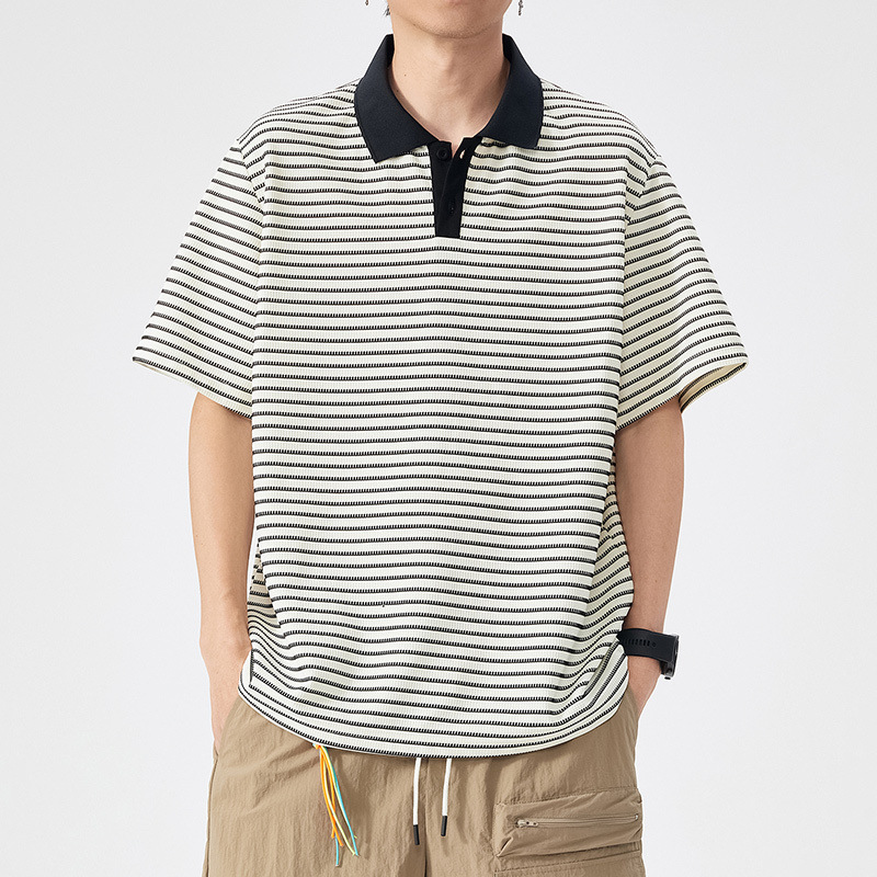 Plus Size Striped Polo Shirt Men's Trendy High-End Short-Sleeve American Retro Lapel T-Shirt Cross-Border Foreign Trade Dropshipping