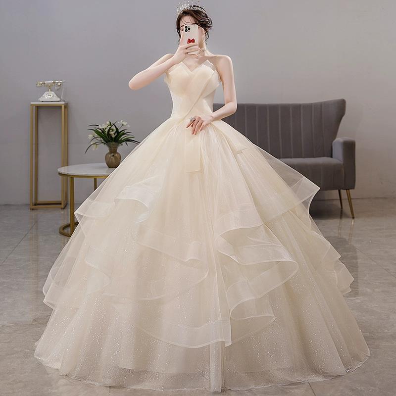 Light Wedding Dress 2026 New Style Strapless Puffy Skirt Super Fairy-Like Champagne-Colored Gown Feminine Forest-Style Princess Floor-Length Wedding Dress
