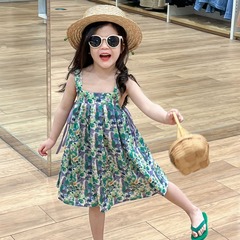 韓國童裝女童連衣裙2024夏裝度假風裙子紫色碎花吊帶裙純棉公主裙