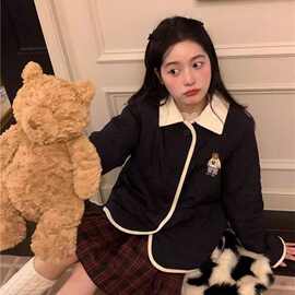 菱形格黑色羽绒棉服女装秋冬新款小个子撞色拼接短款棉衣棉袄外套