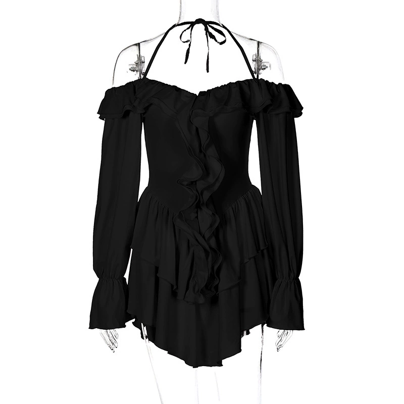 Свадебное/halter off-shoulder мини-платье, европейский стиль, воланная летняя комбинация, 83% полиэстер