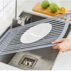 Silicone drain rack kitchen household dish rack stainless steel folding storage rack roller shutter sink wall-mounted dish rack