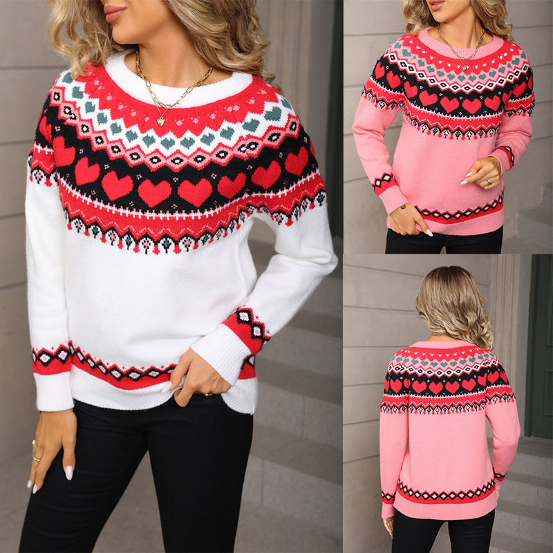 2026 Winter New European and American Cross-Border Women's Fashion Heart-Patterned Pullover Sweater Plus Size Christmas Casual Jacquard Knitwear Trendy