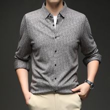 丝柔上衣2025秋季无缝长袖衬衫男士商务休闲时尚潮男修身印花衬衣