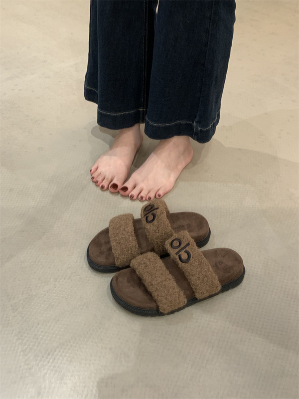 秋冬可爱毛绒拖鞋女双带字母装饰居家拖鞋防滑室内外穿拖鞋子|undefined