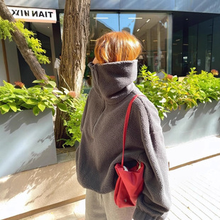 South Korea's Dongdaemun Autumn and Winter Polar Fleece Zipper Stand Collar Silhouette Pullover Casual Loose Thickeneded Warm Sweatshirt for Women
