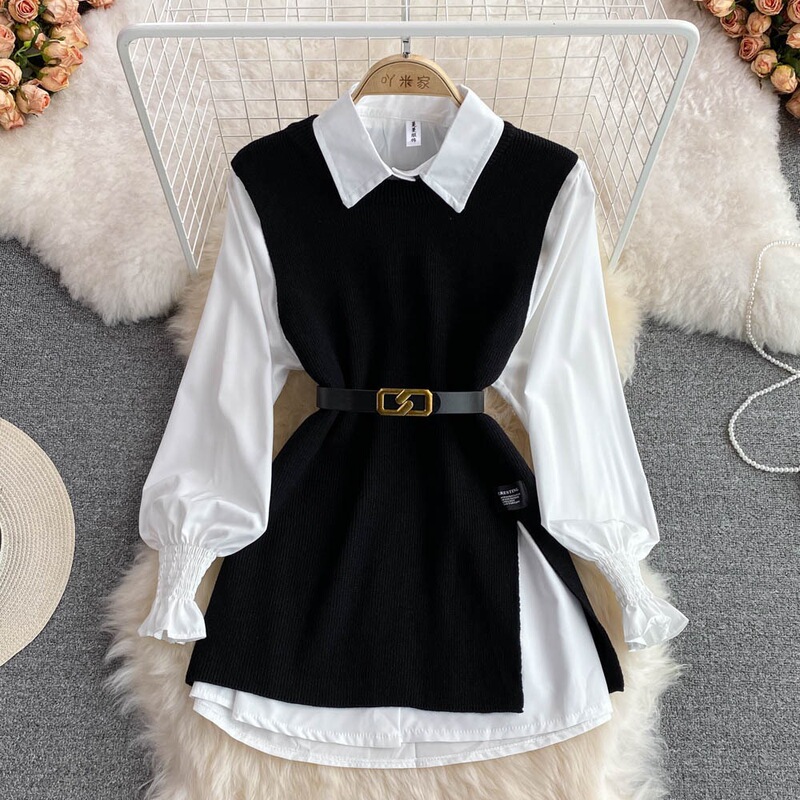 Sweater Two-Piece Set with Long-Sleeve Knitted Vest 2024 Suit for Women, White Shirt, Spring and Autumn 2024 New Style