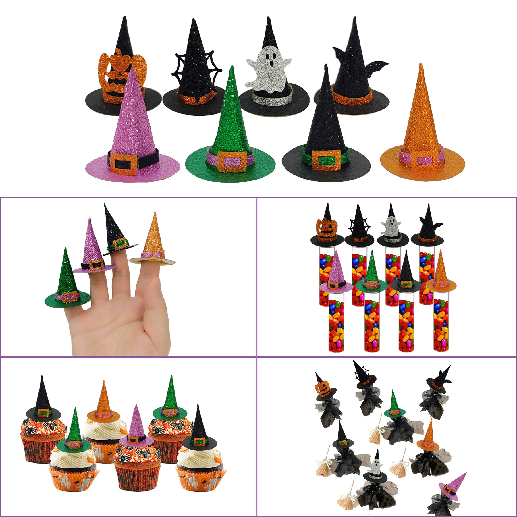 Миниатюрная блестящая шляпа ведьмы для украшения кексов, декор для стола, коробка для конфет, леденцы, украшение для вечеринки на Хэллоуин