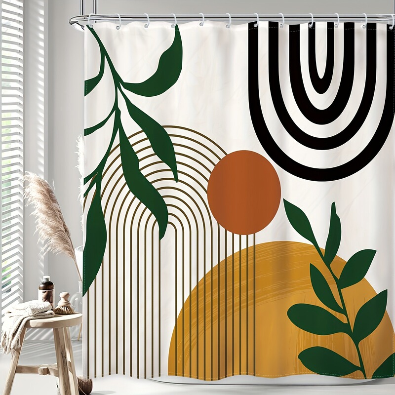 Abstract Medieval Leaves Bathroom Shower Curtain, Modern Bohemian Style Minimalist Geometric Arch Sunlight Beige