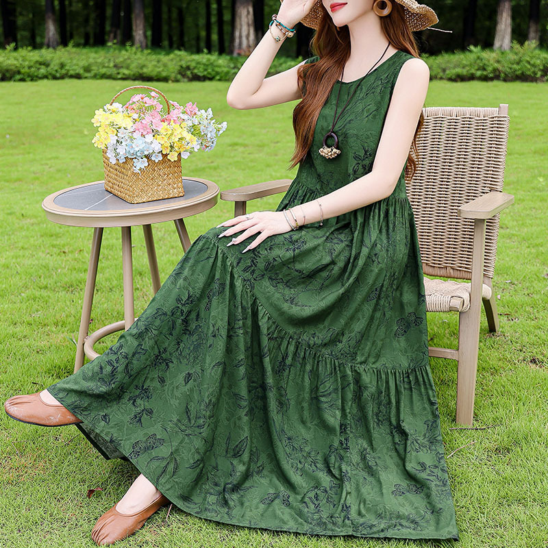 Summer Cotton Silk dress New Style Outer Wear Young Strap Beach Dress Women's Sleeveless Vacation Dress Elegant Long Dress