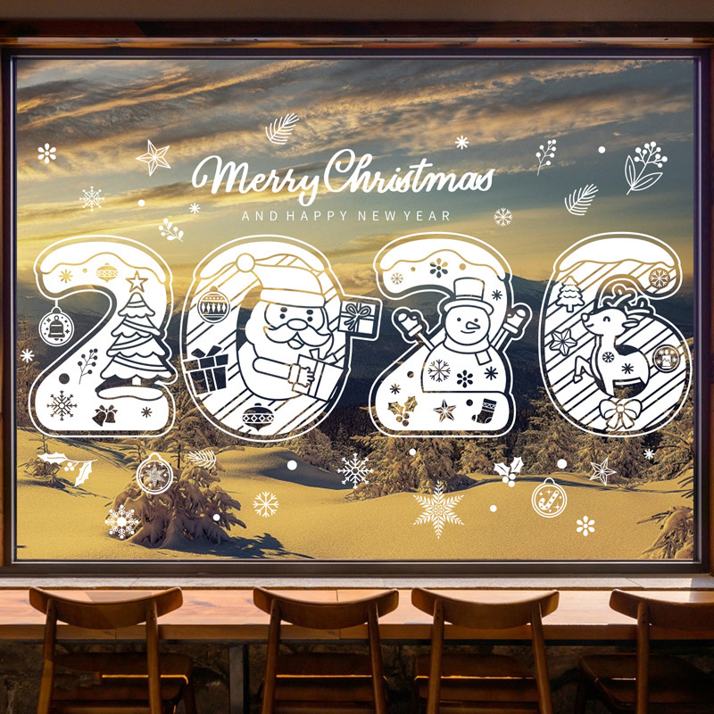 2026 新年ステッカーホワイトサンタクロースヘラジカウィンドウステッカースノーフレーク雪だるまツリークリスマス装飾ガラスステッカー|undefined