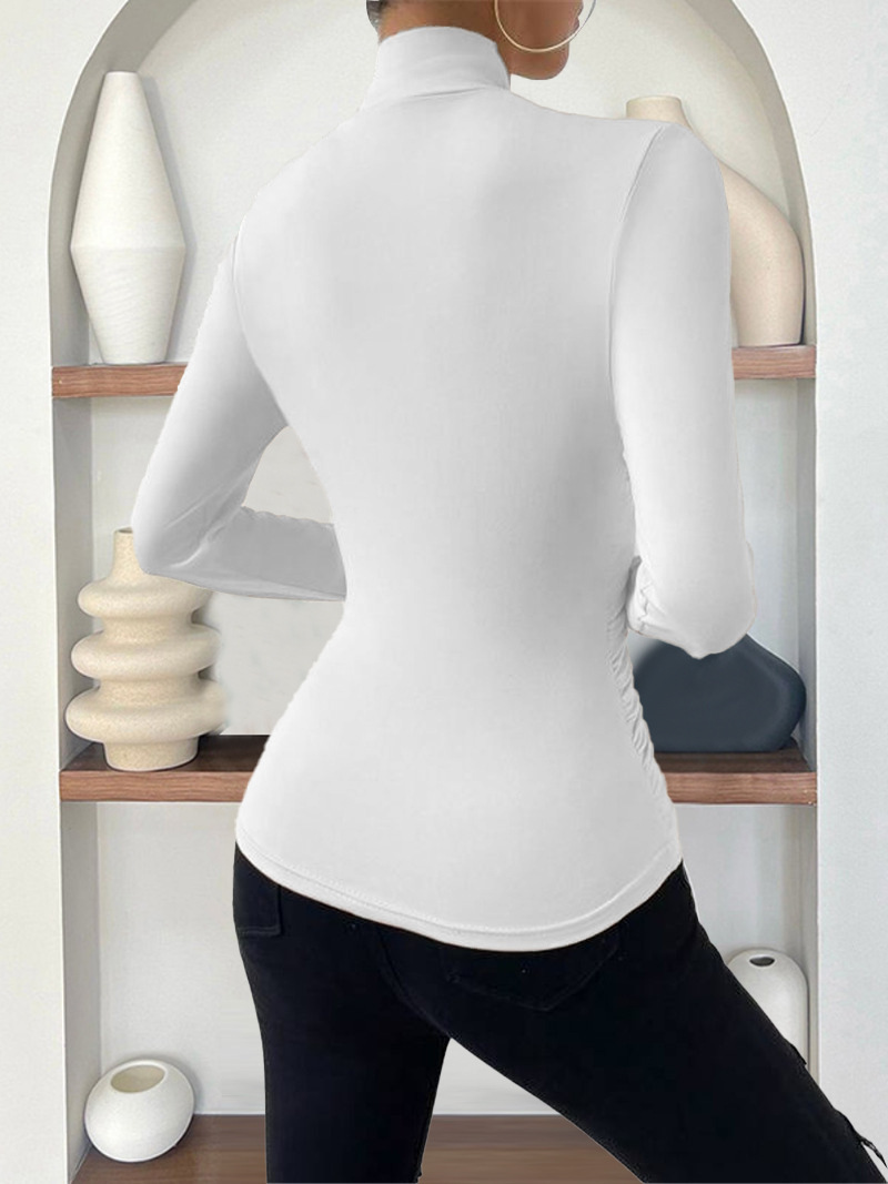 Elegant Women's Cross-Neck Slim-Fit T-Shirt Tuck Detail Versatile Autumn Winter Wardrobe Staple Fashion Top for Ladies_ecoleips.com