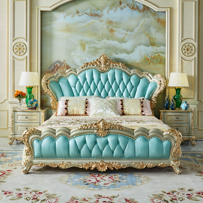 Двуспальная кровать из массива дерева в европейском стиле с кожаной обивкой, большая кровать для главной спальни, свадебная кровать, туалетный столик, четырехдверный шкаф из массива дерева, прикроватная тумбочка